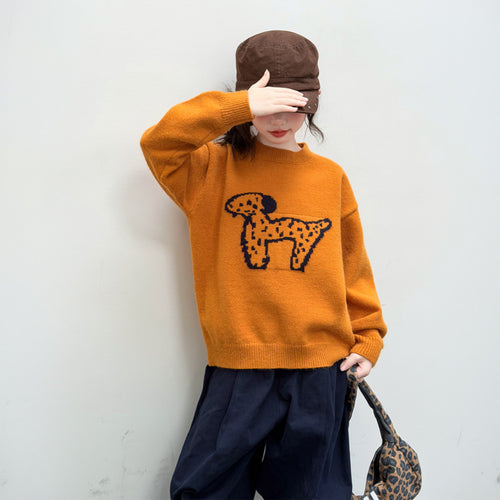 Girls' Cartoon Embroidered Knit Pullover - Orange
