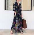 Women's Japanese Casual Linen Cotton Long Sleeve Lapel Collar Printed Loose Dress + S - Navy Blue