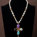 Vintage Four Leaf Clover Pearl Necklace Rhinestone Fashionable Personality Sweater Chain Imperial Western Retro Pendant