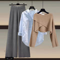 Fall-Winter Fashion Slimming Plus Size Knit Wool Wide Leg Pants + Sweater + Shirt 3-Piece Set
