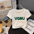 Cotton Crop Top - White Round Neck Slim Fit Short Sleeve Cropped Shirt Women
