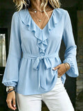 Elegant Slimming Lantern Sleeve Long Sleeve V-Neck Tie-Front Shirt