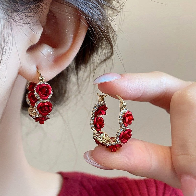 Red Velvet Flower Teardrop Stud Earrings - view 7