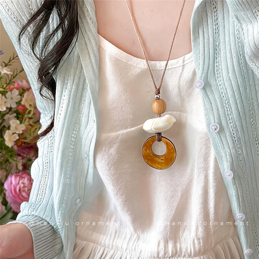 Chinese-Inspired Wooden Round Pendant Necklace - view 3