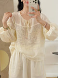 Women's Summer Ethnic Relaxed Ramie Embroidered 3/4 Sleeve V-Neck Loose Set 2026 - Pink Top