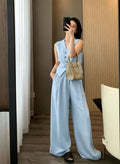 Summer Old Money Fashion Tencel Linen Sleeveless Wide Leg Pants + Vest 2-Piece Set