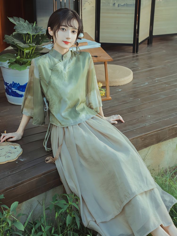 Women's Summer New Chinese Zen Qipao Dress + Hanfu Dress + Dress 2-Piece Set 2026 - Top + Skirt