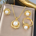 Overseas New Release Imitation Pearl Pendant Mini Set Rhinestone Necklace Ring Earrings 3-Piece Set Western Women Jewelry