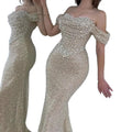 Off-Shoulder Sequin Lace Fish-Tail Gown - Slimming Birthday Party Evening Dress