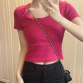 ins pure lust style short-sleeved slim u-neck bottoming short t-shirt women's clavicle-exposing low-