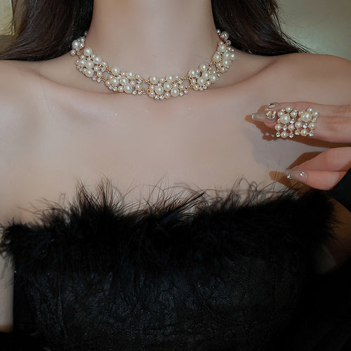 Imperial Breeze Elegant Rhinestone Geometric Pearl Stud Earring Necklace Set Fashionable Clavicle Chain Light Luxury Premium Necklace Women