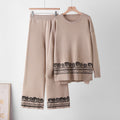 Women's Fall-Winter Ethnic Casual Crew Neck Pattern Wide Leg Pants + Top 2-Piece Set - Coffee