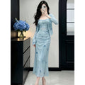 French Butterfly Print Mesh Fitted Long Dress