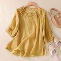 Women's Summer Artistic Retro Linen Cotton Embroidered Crew Neck Lightweight Loose Sh - Pink