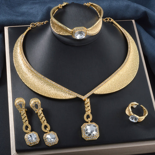 Amazon New Overseas Leaves Rhinestone Western Versatile Fashionable Premium Necklace Bangle Earrings Ring Set