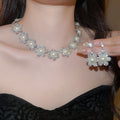 French Imperial Breeze Rhinestone Butterfly Flower Pearl Stud Earring Necklace Set Women Clavicle Chain Light Luxury Premium Necklace