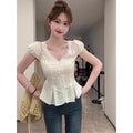 Summer Korean French Lace Short Sleeve V-Neck Lace Trim Fitted Shirt