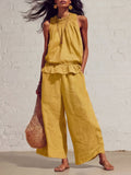 Women's Summer Casual Linen Cotton Sleeveless Ruffle Wide Leg Pants 2-Piece Set 2026 - Red