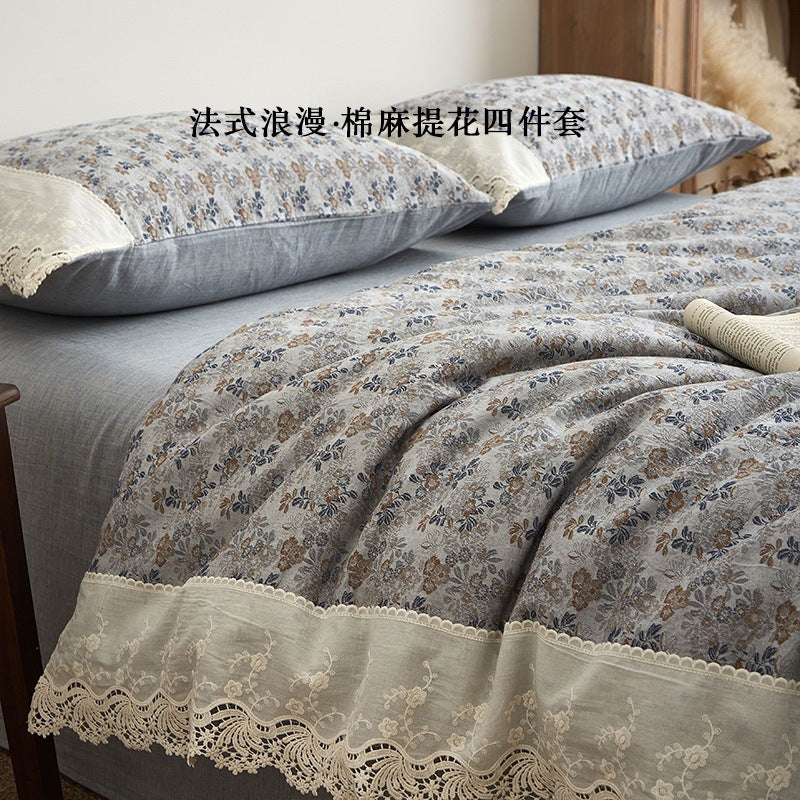 Sunny Town Grey Cotton-Linen Jacquard 4-Piece Bedding Set - view 2