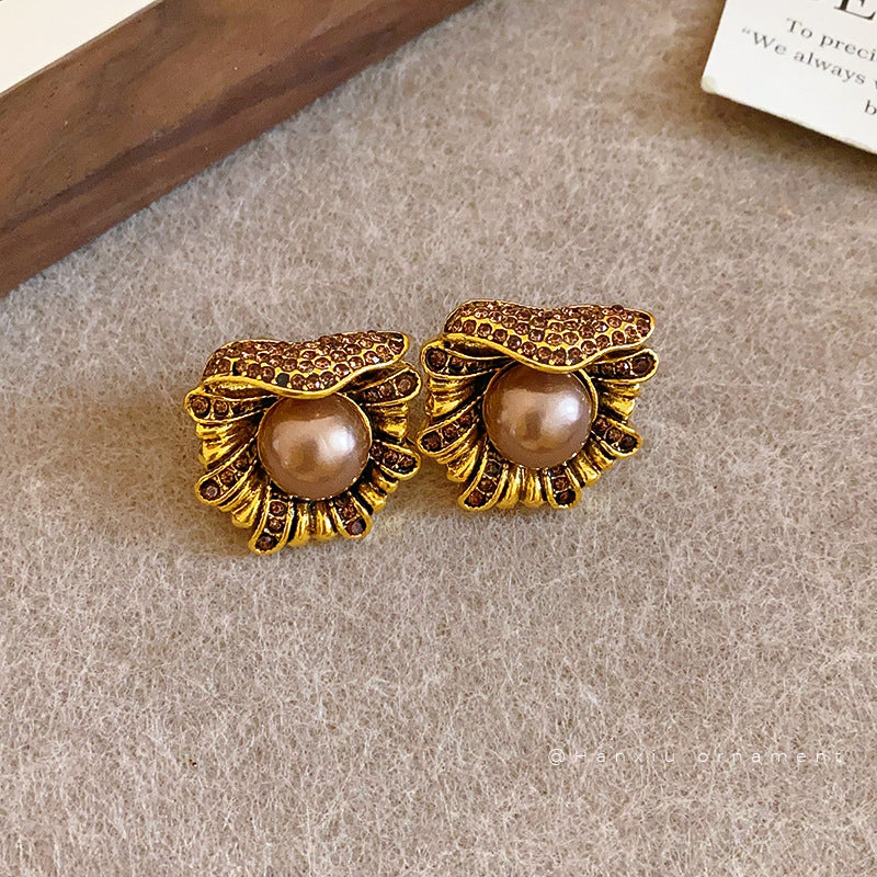 Vintage Rhinestone Flower Pearl Stud Earrings - view 2