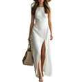Minimalist Sleeveless Belted Slit Long Dress, Vacation Style