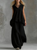 Spring-Summer Casual Fashion Linen Cotton Sleeveless Wide Leg Pants + Top 2-Piece Set
