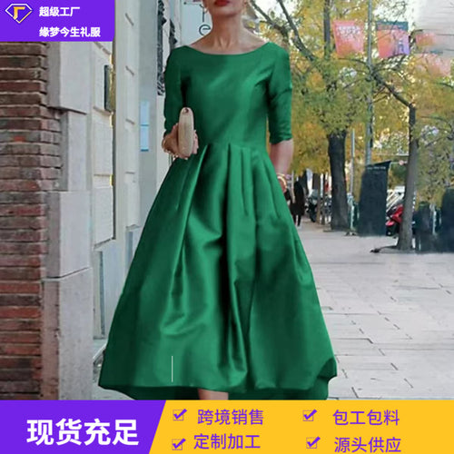 欧洲站晚礼服2026新款蓬蓬裙绿色短袖A字型演出服音乐会独唱礼服