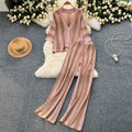 Retro Slimming Plus Size Knit Striped Loose Color-Block Wide Leg Pants + Cardigan Set