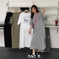 Plus Size Letter Print T-Shirt Dress - Korean Style Slit Hem Knee-Length Casual Dress