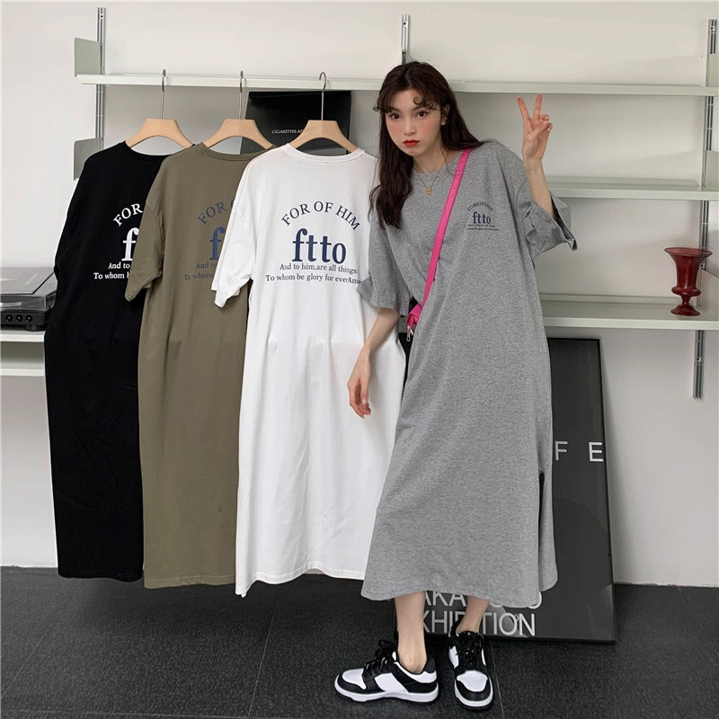 Plus Size Letter Print T-Shirt Dress - Korean Style Slit Hem Knee-Length Casual Dress