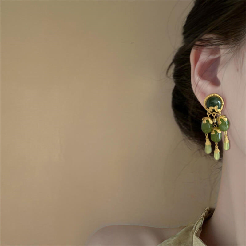 Olive Green Oval Pendant Tassel Stud Earrings – Vintage Style - view 3