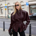 Women's Spring Retro Fashion Stand Collar Tie-Front Waist-Tie Mid-Length Jacket 2026 - Wine Red