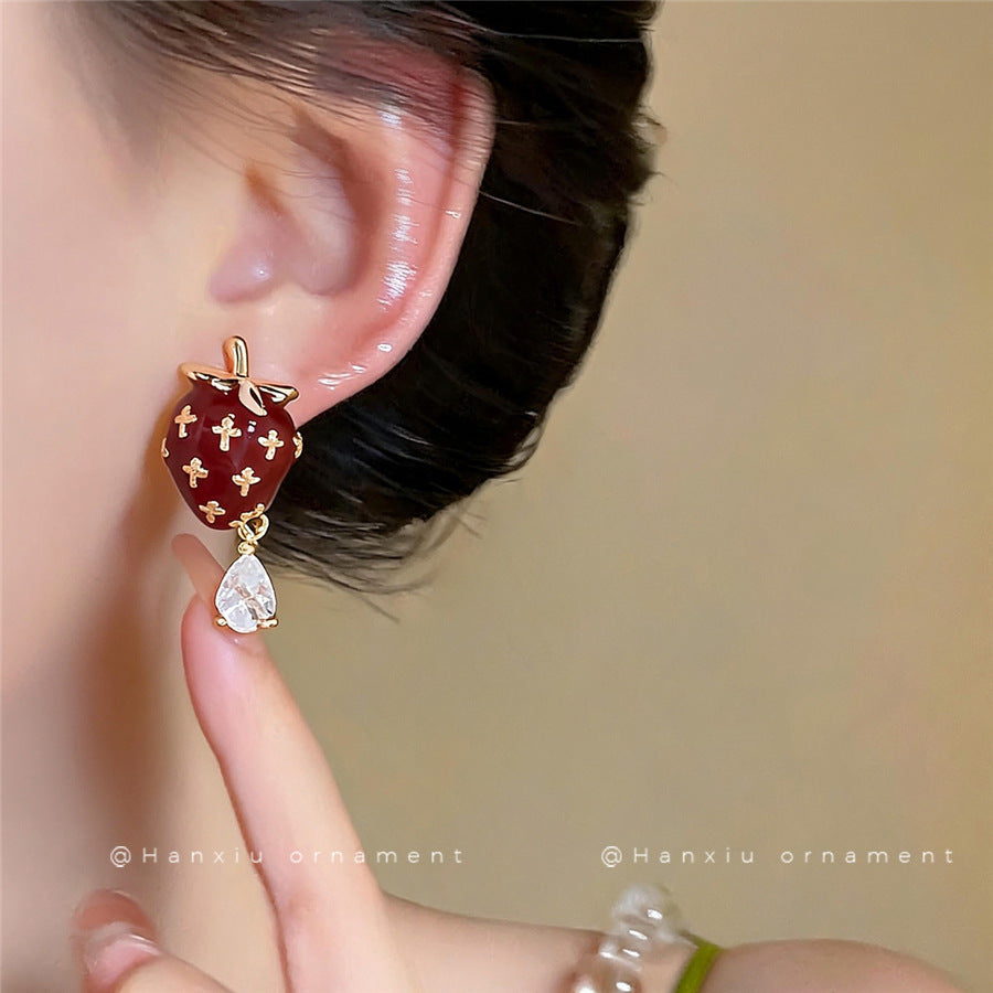 Red Enamel Strawberry Stud Earrings - view 3