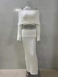 Fall Intellectual Minimal Long Sleeve Off-Shoulder Boat Neck Crop Long Skirt + Top 2-Piece Set