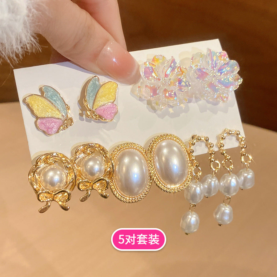 French Enamel Flower and Pearl Stud Earring Set - view 11