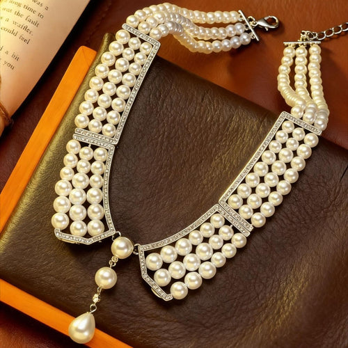 Vintage Fashionable Rhinestone Pearl Necklace Elegant Tweed Style Fresh Sweet Necklace Pearl Multi-Layer Beaded Necklace Women