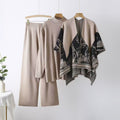 Fall-Winter Casual Fashion Knit Wool High Neck Mock Neck Loose Sweater + Shawl + Pants 3-Piece Set