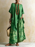 Women's Ethnic Vacation Linen Printed Loose Wide Leg Pants + Top 2-Piece Set 2026 - Olive