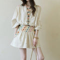 Women's Bohemian Ethnic Lantern Sleeve Long Sleeve High Waist Lantern Skirt + Top 2-P - Top Beige