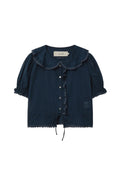 Summer Korean Slimming Lace Short Sleeve Peter Pan Collar Drawstring Shirt