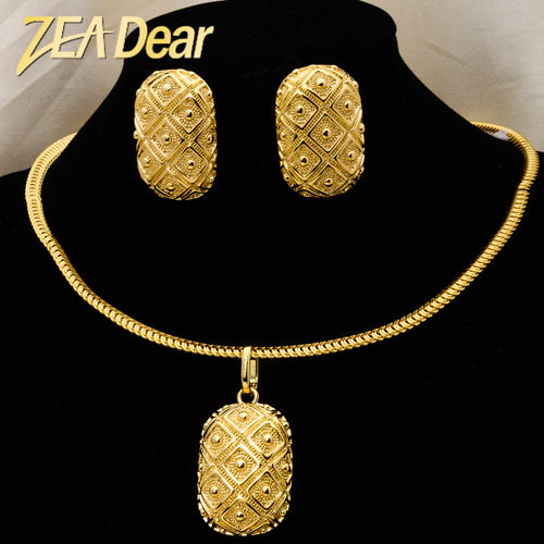 Overseas Middle East New Release Retro Geometric Quilted Shape Texture Pendant Fashionable Versatile Jewelry Necklace Earrings Set