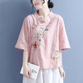 Women's Summer Ethnic Retro Plus Size Linen Cotton Embroidered Stand Collar Diagonal - Khaki