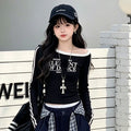 Girls' Letter Print Boat Neck Tee Plaid Wide-Leg Pants Set