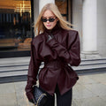 Women's Spring Retro Fashion Stand Collar Tie-Front Waist-Tie Mid-Length Jacket 2026 - Wine Red
