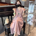 New Chinese Style Heavy Embroidery V-Neck Long Dress, Loose Slimming