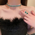 Western Statement Round Cubic Zirconia Stud Earring Necklace Set Niche Design Detail Clavicle Chain Personality Elegant Fashionable Necklace Wholesale