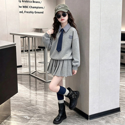 Girls' Preppy Faux Layered Hoodie Pleated Skirt Set