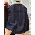 Women's Summer Korean Casual Sleeveless Lapel Collar Lightweight Shirt + Vest + Tank - Dark Denim