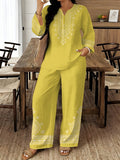 Women's Ethnic Retro Plus Size Long Sleeve V-Neck Printed Drapey Top Set 2026 - 1