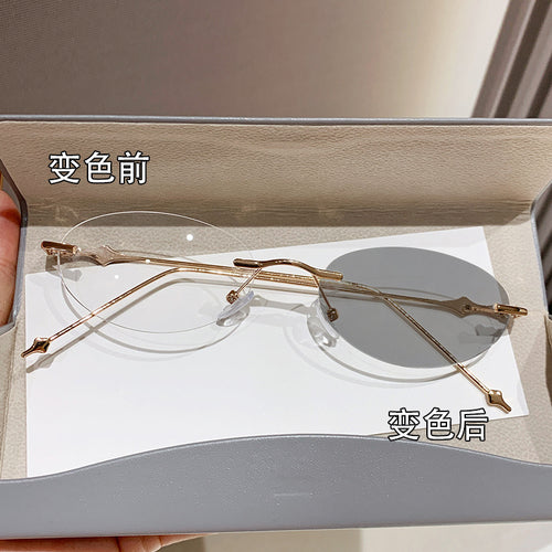 Photochromic Prescription Glasses Ultra-Light Rimless Anti-Blue Plano Ultra-Light Fashionable Overseas Premium Influencer Prescription Sunglasses